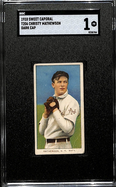 1909-11 T206 Christy Mathewson (Dark Cap w. Sweet Caporal Back) Graded SGC 1 w. Note on Back From Rube Oldring , Oct 24, 1910, CF, World Champion Athletics
